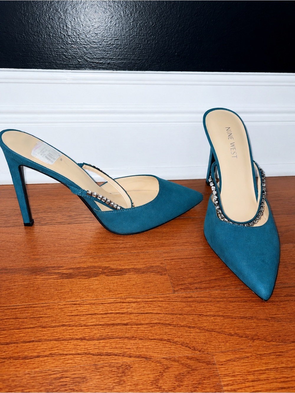 Nine West Teal Pointed Toe Embellished Mule Heels